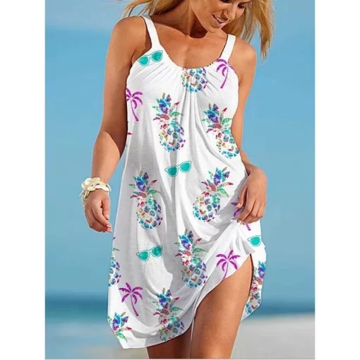 AJ8kWomen O Neck Sleeveless Dress Boho Solid Beach Sundress Tropical Fruit Print Fashion Sexy Beach Casual