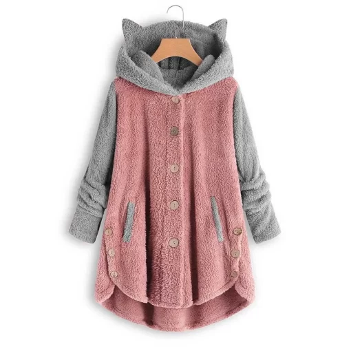 AaZdCat Print Long Hoodies Sweatshirt Women Fleece Warm Button Pocket Pullovers Cat Ear Plus Size Hoodie