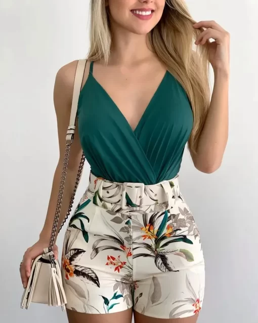 Aw97Fashion Summer Women s Two piece Beach Suit Sexy Slim Short Top Shorts Printing Casual Suspenders