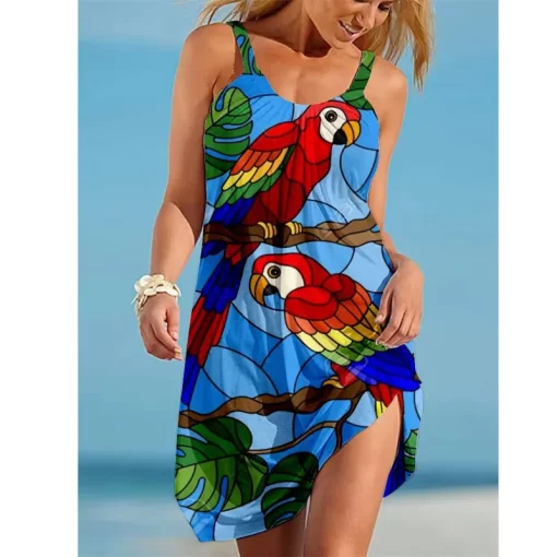 BGyG2023 New Women s Crew Neck Dress Parrot Print Female Hawaii Style Casual Sleeveless Mini Dress