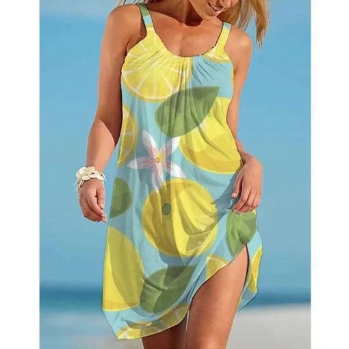 BJXQWomen O Neck Sleeveless Dress Boho Solid Beach Sundress Tropical Fruit Print Fashion Sexy Beach Casual