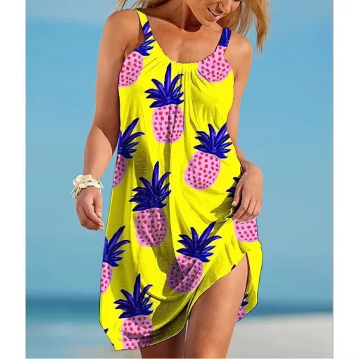 BNgSWomen O Neck Sleeveless Dress Boho Solid Beach Sundress Tropical Fruit Print Fashion Sexy Beach Casual