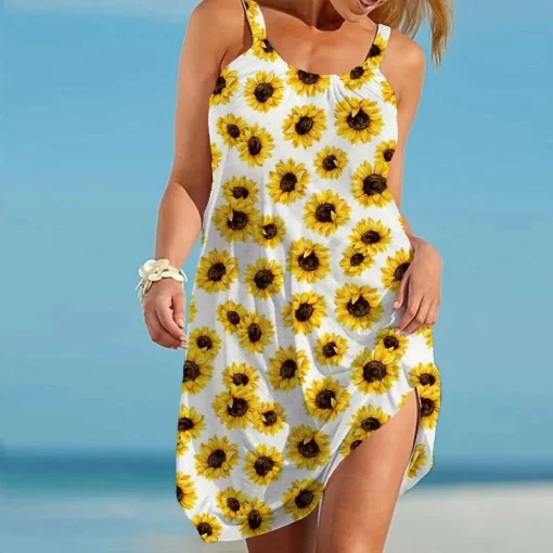 BOjASummer Sunflower Beach Dress for Women 3D Print Vacation Party Sundress Ladies Casual Sleeveless Beachwear Female