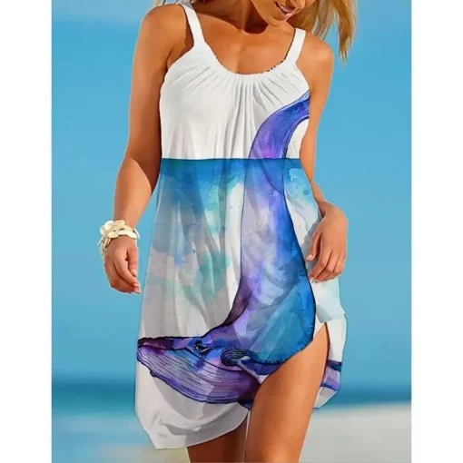 BwXkSeashell Print Strap Dress Sexy Sleeveless Beach Bohemian Midi Dress Women Fashion Evening Party Dresses Elegant