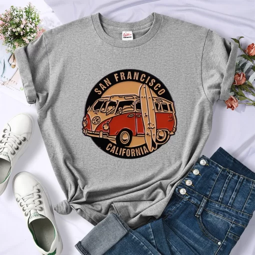 C26WSan Francisco California Vintage School Bus Print T shirt Women Street Breathable Tops Loose Short Sleeve
