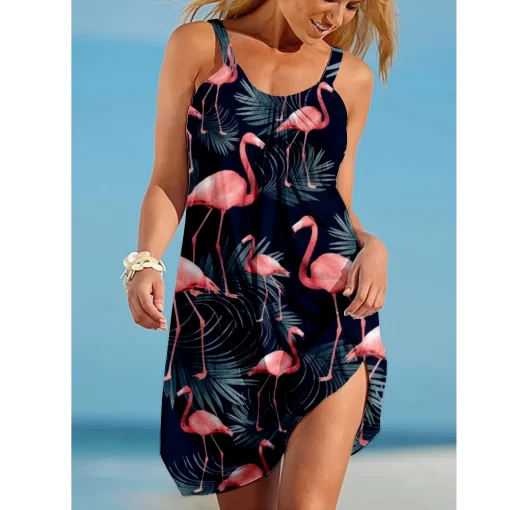 CHFkFlamingo Print 3D Girl Midi Dress Bohemian Beach Dress Women Party Dress Slim Fit Knee Length