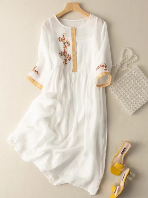 CIlO2023 New Summer High Waist Short Sleeve O Neck Vintage Women Dresses Cotton Flower Embroidered Ladies