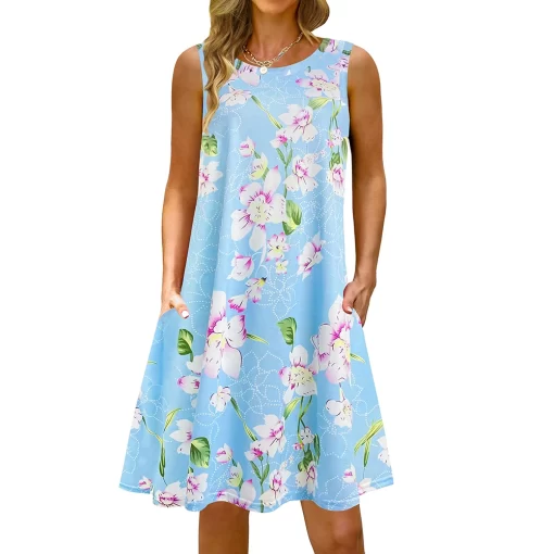 CUKaS 5Xl Colorful Printed O Neck Long Dress Casual Bohemian Sleeveless Ladies Summer Beach Sundress Travel