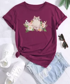 Cat and flowers Print Crew Neck T shirt Casual Loose Short Sleeve Fashion Summer T Shirts.jpg 640x640.jpg