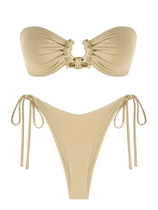 D0VqZAFUL Solid O Ring Swimsuit For Women Tie Side Shiny Metal Hardware Ring Bandeau Bikini Swimwear