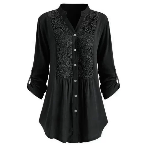 D2q4Elegant Fashion Femme Shirt Vintage V Neck Button Hollow Out Patchwork Lace Turn Down Collar Solid
