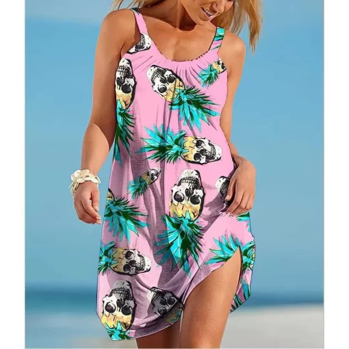DN5bWomen O Neck Sleeveless Dress Boho Solid Beach Sundress Tropical Fruit Print Fashion Sexy Beach Casual