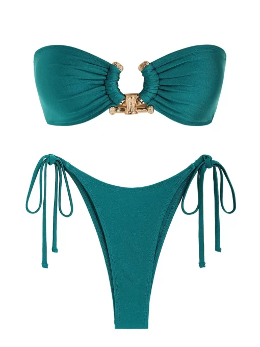Dc2uZAFUL Solid O Ring Swimsuit For Women Tie Side Shiny Metal Hardware Ring Bandeau Bikini Swimwear