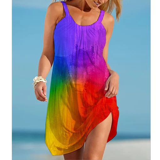 DgSPRainbow print gorgeous dress Bohemian beach dress Women s party dress Slim fit knee length dress