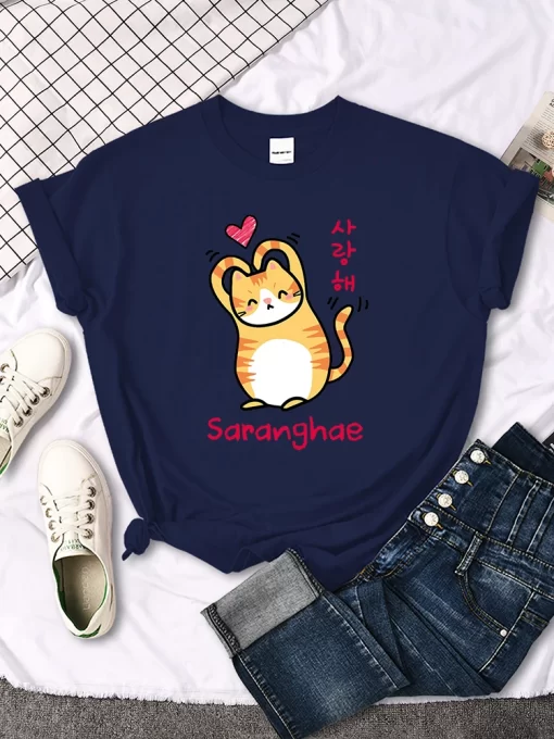 DjoJThan A Heart Little Orange Cat Cute Print T Shirt Women Kawaii Cartoon Graphic Clothes Female