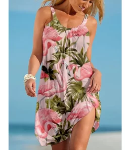 DlB6Flamingo Print 3D Girl Midi Dress Bohemian Beach Dress Women Party Dress Slim Fit Knee Length