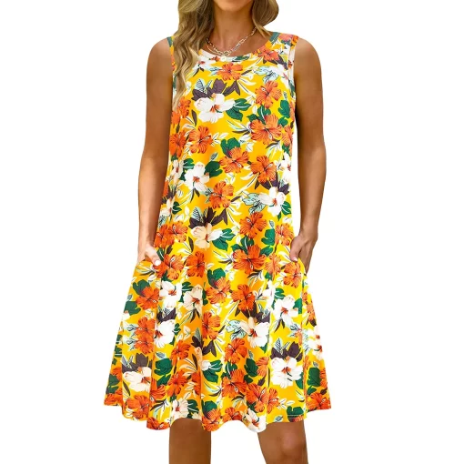 DxjnS 5Xl Colorful Printed O Neck Long Dress Casual Bohemian Sleeveless Ladies Summer Beach Sundress Travel