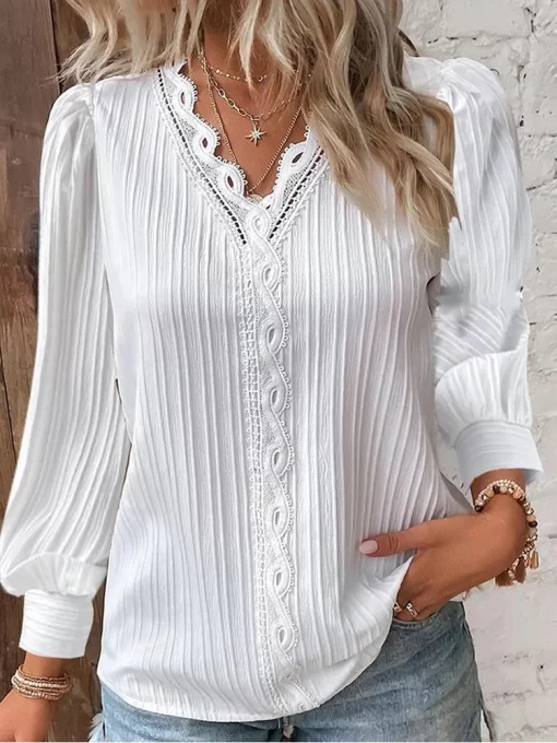 E8AjWomen Lace Stitching Shirt Solid V neck Simple Black Chiffon Decoration Hollow Out Design Fashion Elegant