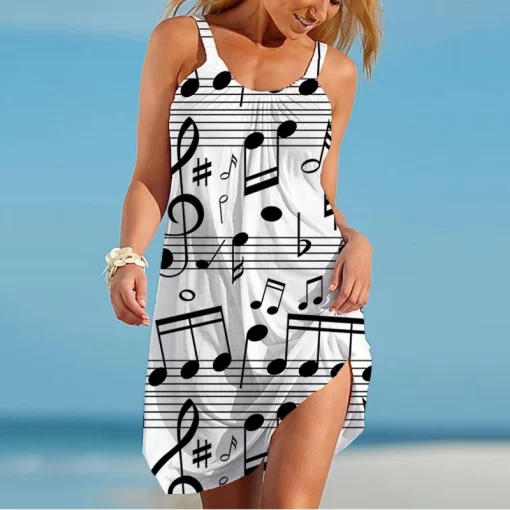 EDZMMusical Note 3D Printing Ladies Strap Dress Summer New Trend Ladies Strap Dress Fashion Casual Loose