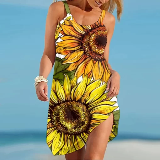 EbKTSummer Sunflower Beach Dress for Women 3D Print Vacation Party Sundress Ladies Casual Sleeveless Beachwear Female