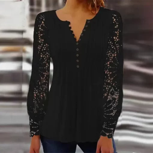 EoU7Flower Lace Long Sleeve Women Cropped T shirt Sexy V Neck Hollow Out Button Tops Elegant