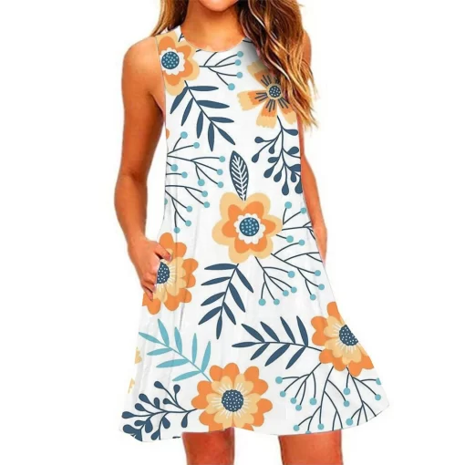 F4oJSummer New Women s Dresses Beach Casual Pineapple Printed Sleeveless Short Dress Round Neck Breathable Elastic