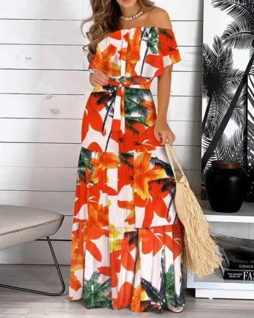 FCBi2021 New Fashion Leopard Robe Print Long Dress Ruffle Maxi Sundress Bohemian Women Summer Sexy Casual