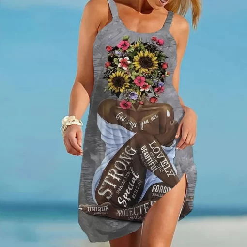 FqTHSummer Sunflower Beach Dress for Women 3D Print Vacation Party Sundress Ladies Casual Sleeveless Beachwear Female