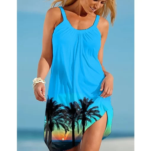 Fxy4Tropic Beach Dress Womens Fashion Bohemian Sexy Strap Dress Party Evening Dresses Sleeveless Hem Knee length