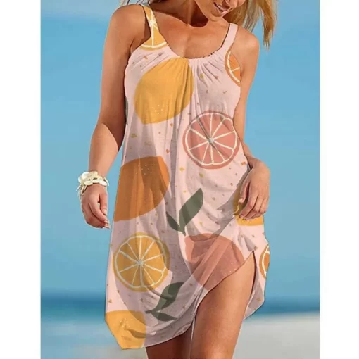 FziHWomen O Neck Sleeveless Dress Boho Solid Beach Sundress Tropical Fruit Print Fashion Sexy Beach Casual