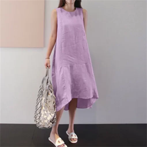 G2icLoose Dress Cotton Linen Pocket Round Neck Sleeveless Dress Women Summer Vintage Vestido Feminino Long