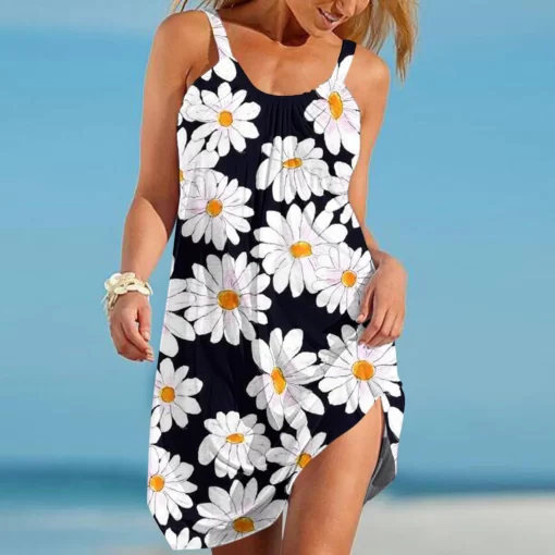 G6QaSummer Sunflower Beach Dress for Women 3D Print Vacation Party Sundress Ladies Casual Sleeveless Beachwear Female