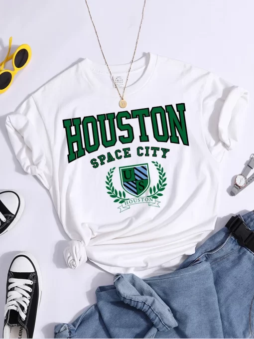 H9YgBouston Space City Print Woman Tshirts Vintage Loose T Shirts Niche Vintage Individual Top Tee Tshirt