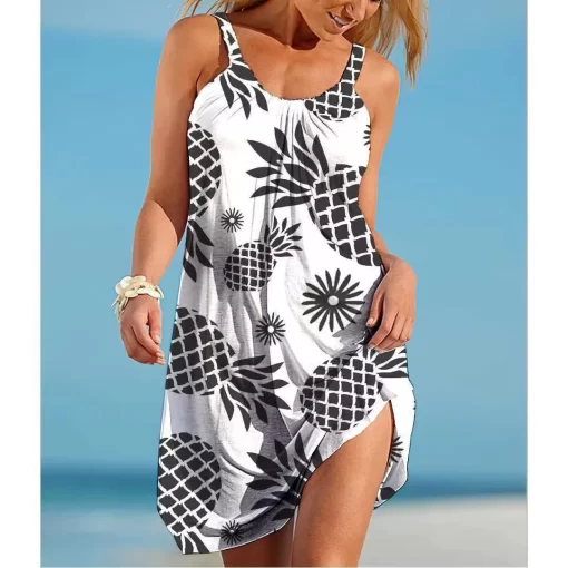 HHdYWomen O Neck Sleeveless Dress Boho Solid Beach Sundress Tropical Fruit Print Fashion Sexy Beach Casual
