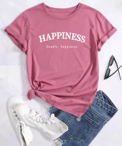 Happiness double happiness Tee Print Crew Neck T shirt Women s Casual Loose Short Sleeve.jpg