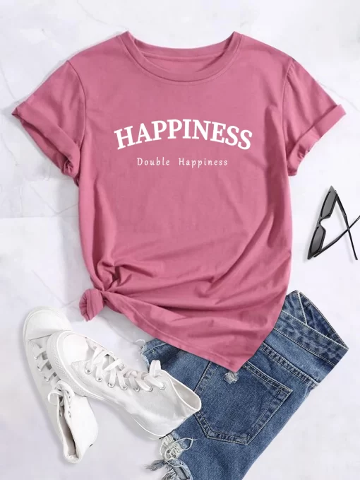 Happiness double happiness Tee Print Crew Neck T shirt Women s Casual Loose Short Sleeve.jpg