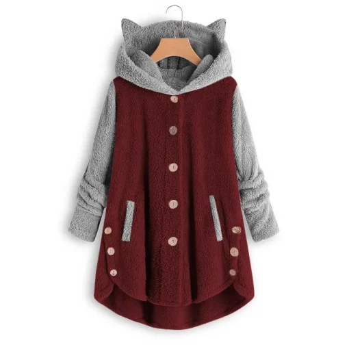 I0DhCat Print Long Hoodies Sweatshirt Women Fleece Warm Button Pocket Pullovers Cat Ear Plus Size Hoodie