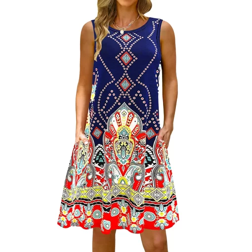 ID49S 5Xl Colorful Printed O Neck Long Dress Casual Bohemian Sleeveless Ladies Summer Beach Sundress Travel