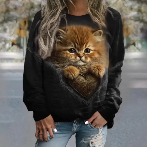 IsM1Women s Hoodie Cotton Sweatshirts Pullover Tops Fashion Kitten Print Long Sleeve Hoodies Girls Cute Casual