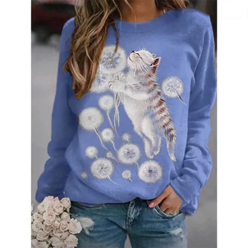 J6NNKawaii Animal Hoodies Cute Cat Floral 3D Print Sweatshirts Women Y2k Hoodie Streetwear Oversized Pullovers Tops