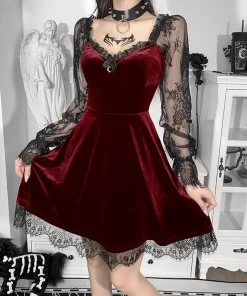 J86LE girl Grunge Gothic Black Mini Dress Lace Trim High Waist Bodycon Dress Y2K Women 90s