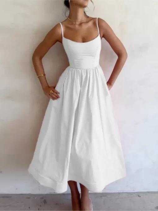 JNWuSexy Solid Spaghetti Strap A line Maxi Dresses Women Low Cut Sleeveless Big Skirt Dress Summer