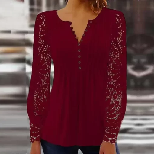JS1qFlower Lace Long Sleeve Women Cropped T shirt Sexy V Neck Hollow Out Button Tops Elegant