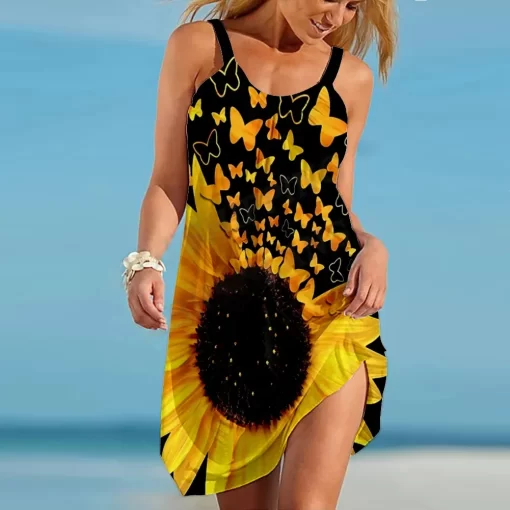 KPa4Summer Sunflower Beach Dress for Women 3D Print Vacation Party Sundress Ladies Casual Sleeveless Beachwear Female