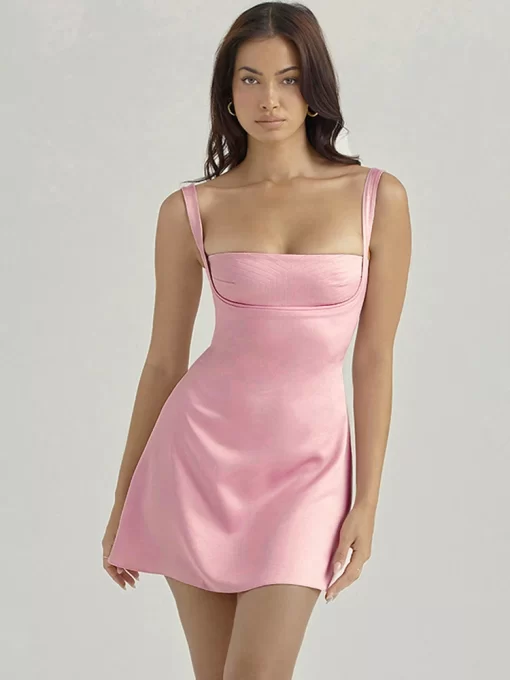 KZbvBirthday Dress For Women A Line Pink Dress Sexy Satin Holiday Party Dresses Mini Casual Spaghetti
