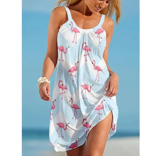 KfRlFlamingo Print 3D Girl Midi Dress Bohemian Beach Dress Women Party Dress Slim Fit Knee Length