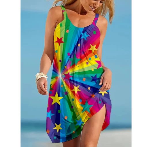 KjY0Rainbow print gorgeous dress Bohemian beach dress Women s party dress Slim fit knee length dress