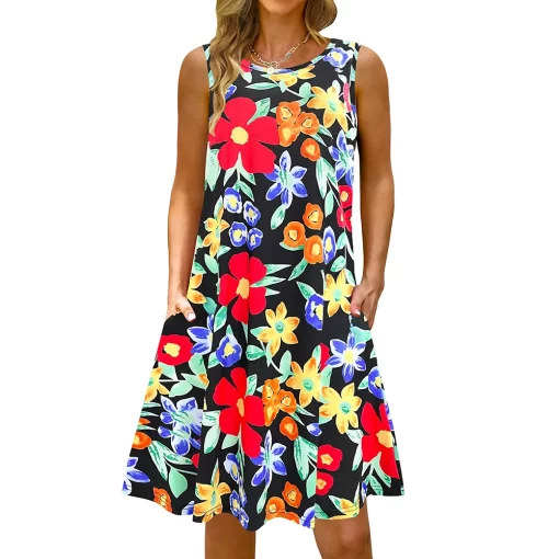 LJe5S 5Xl Colorful Printed O Neck Long Dress Casual Bohemian Sleeveless Ladies Summer Beach Sundress Travel