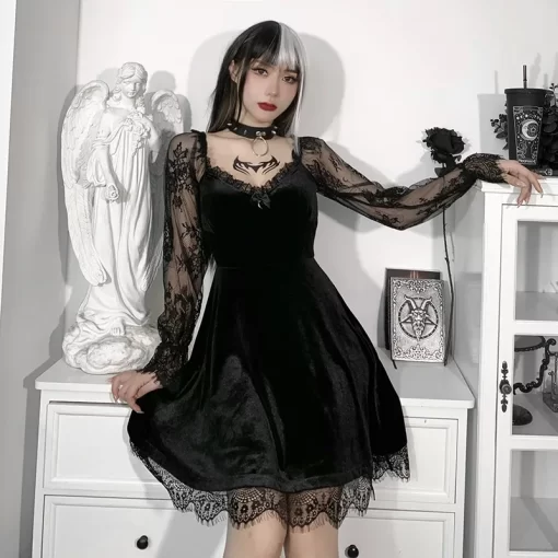 LWRYE girl Grunge Gothic Black Mini Dress Lace Trim High Waist Bodycon Dress Y2K Women 90s
