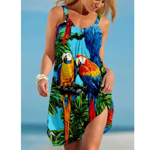 Lnli2023 New Women s Crew Neck Dress Parrot Print Female Hawaii Style Casual Sleeveless Mini Dress